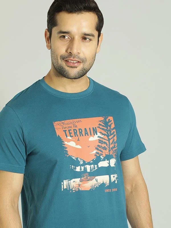 Indian Terrain Men's Half Sleeve Regular Fit Blue Round Neck T-Shirt